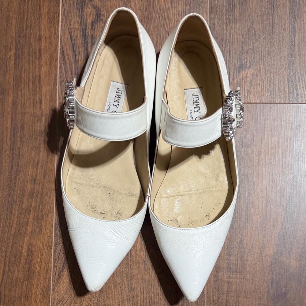 Jimmy Choo White Flats with Crystal Embellishment